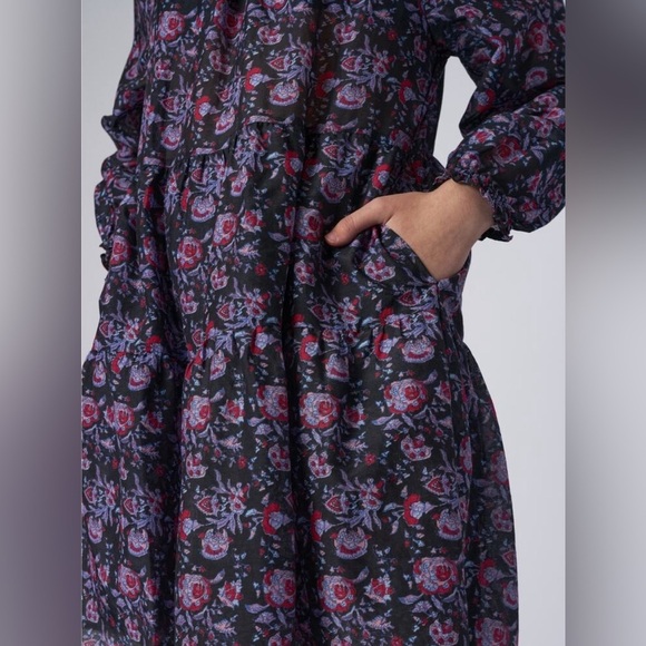 XIRENA Lea Shirred Off the Shoulder Tiered Silk Blend Dress Black Beauty Floral - Picture 3 of 16